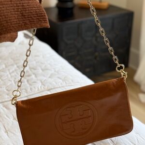 Tory Burch Brown Leather Bombe Reva Clutch
